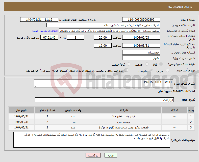 تصویر کوچک آگهی نیاز انتخاب تامین کننده-PARTS FOR OILWELL