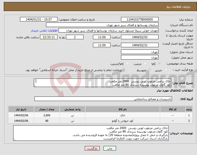 تصویر کوچک آگهی نیاز انتخاب تامین کننده-خاک زراعی مرغوب لوبی روسی 2000 متر مکعب کود گاوی مرغوب پوسیده سرندی 80 متر مکعب بارگیری و حمل به عهده فروشنده