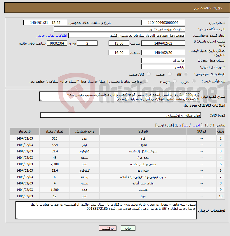 تصویر کوچک آگهی نیاز انتخاب تامین کننده-کره 250g، الکل و ژل آتش زا،تخم مرغ،سس گوجه کچاپ و انار،حلواشکری،سیب زمینی نیمه آماده،فلافل،ماست،مربا،آلو،قیصی (برابر با شرایط پیوست)
