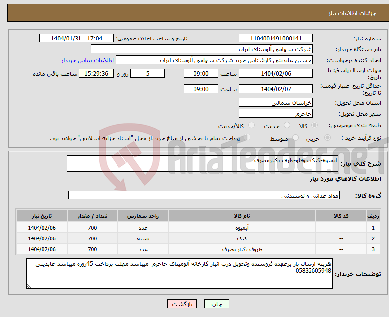 تصویر کوچک آگهی نیاز انتخاب تامین کننده-ابمیوه-کیک دوقلو-ظرف یکبارمصرف