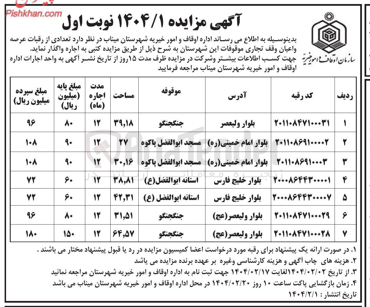 تصویر کوچک آگهی اجاره تعدادی از رقبات عرصه و اعیان وقف تجاری موقوفات در 7 ردیف