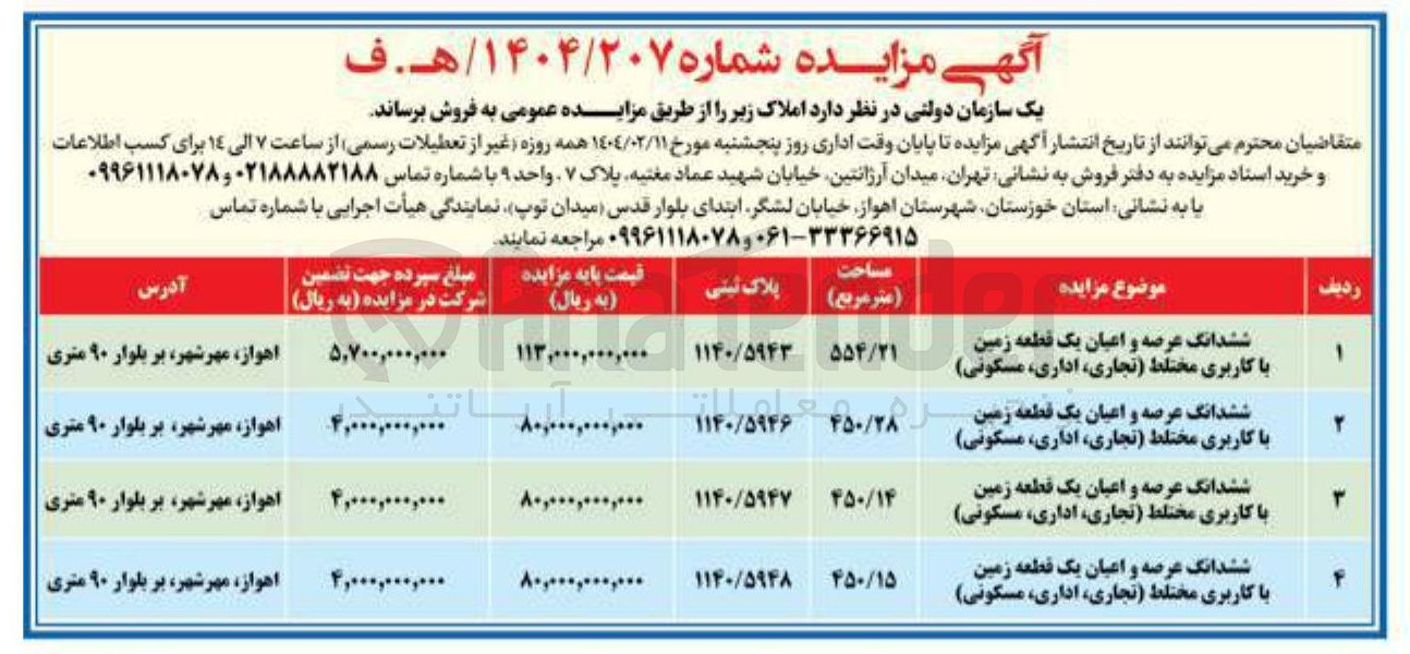 تصویر کوچک آگهی ششدانگ عرصه و اعیان یک قطعه زمین با کاربری مختلط تجاری اداری مسکونی 