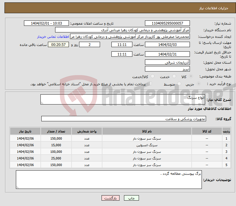 تصویر کوچک آگهی نیاز انتخاب تامین کننده-انواع سرنگ
