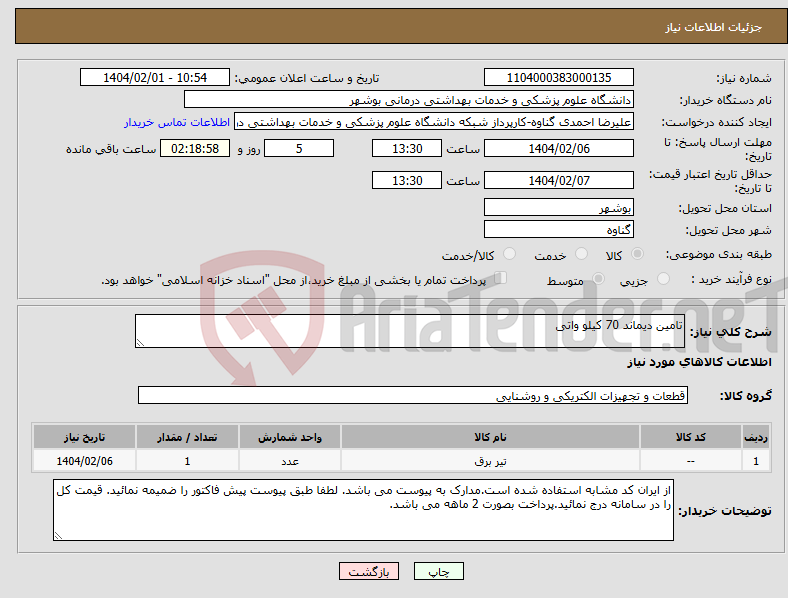 تصویر کوچک آگهی نیاز انتخاب تامین کننده-تامین دیماند 70 کیلو واتی