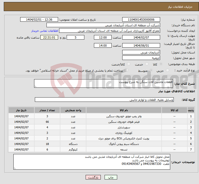 تصویر کوچک آگهی نیاز انتخاب تامین کننده-قطعات ماشین آلات سنگن به شرح پیوست