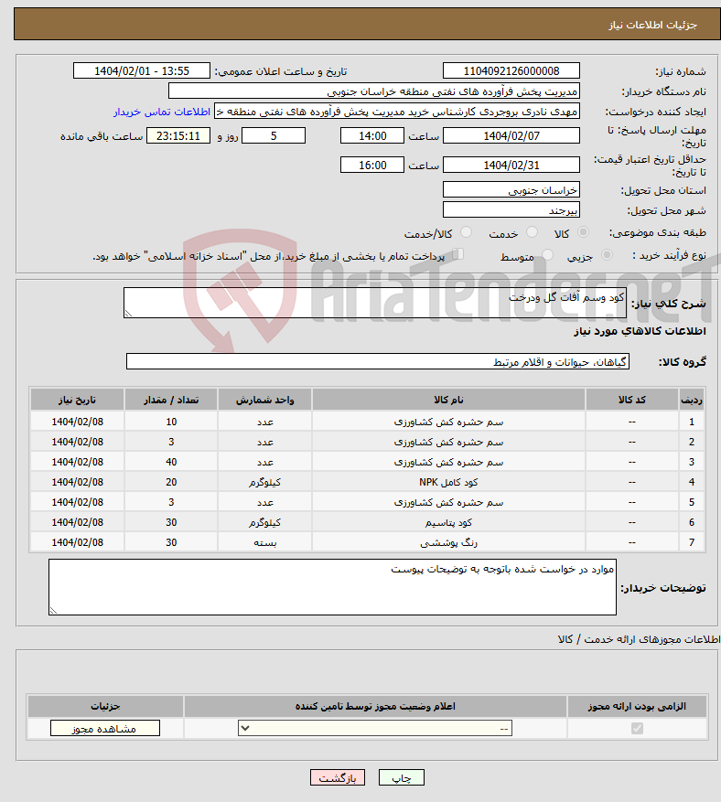 تصویر کوچک آگهی نیاز انتخاب تامین کننده-کود وسم آفات گل ودرخت 