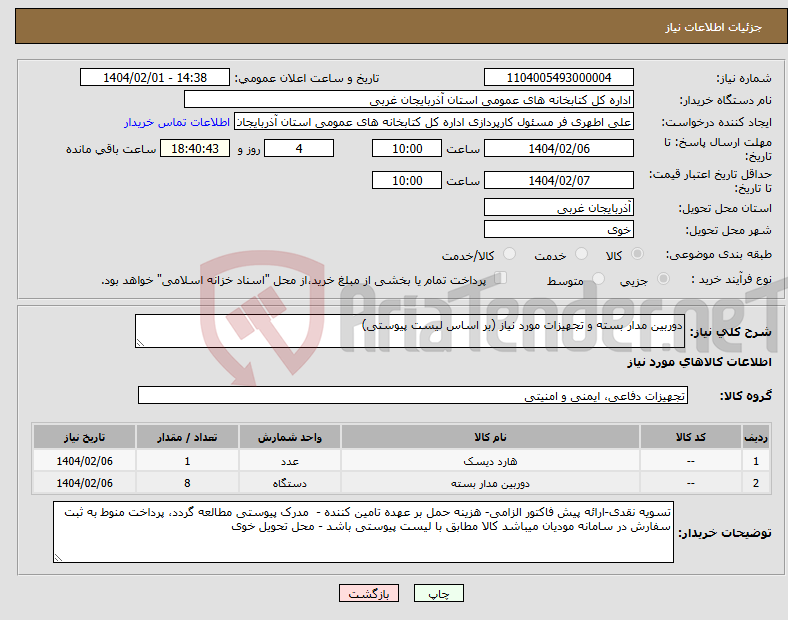 تصویر کوچک آگهی نیاز انتخاب تامین کننده-دوربین مدار بسته و تجهیزات مورد نیاز (بر اساس لیست پیوستی)