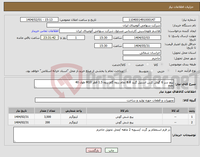 تصویر کوچک آگهی نیاز انتخاب تامین کننده-پیچ سر 6 گوش کربن استیل گرید 8.8 تمام رزوه گام رزوه 1.5 قطر M10 طول 40 mm