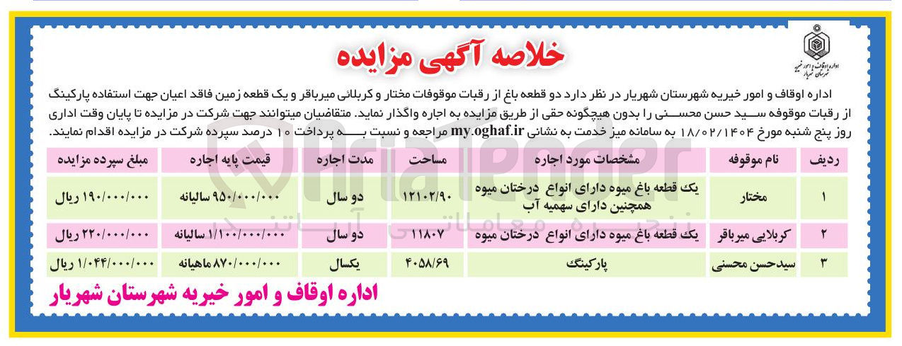 تصویر کوچک آگهی فروش دو قطعه باغ از رقبات موقوفات مختار و کربلائی میرباقر و یک قطعه زمین فاقد اعیان جهت استفاده پارکینگ از رقبات موقوفه سید حسن محسنی 