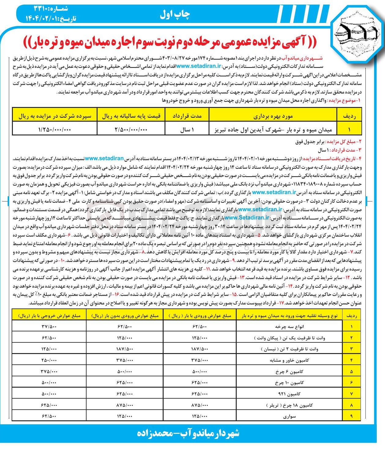 تصویر کوچک آگهی اجاره میدان میوه و تره بار