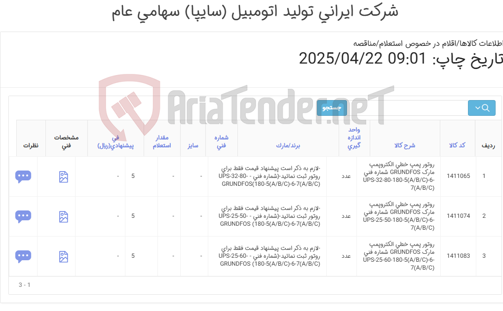 تصویر کوچک آگهی تامین سه ردیف روتور پمپ های خطی