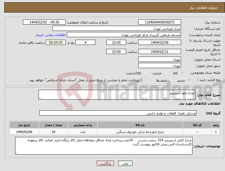 تصویر کوچک آگهی نیاز انتخاب تامین کننده-چراغ جلو اسپرینتر