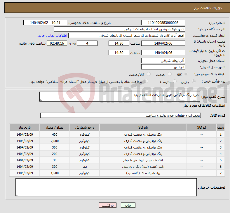 تصویر کوچک آگهی نیاز انتخاب تامین کننده-خرید رنگ ترافیکی طبق مندرجات استعلام بها