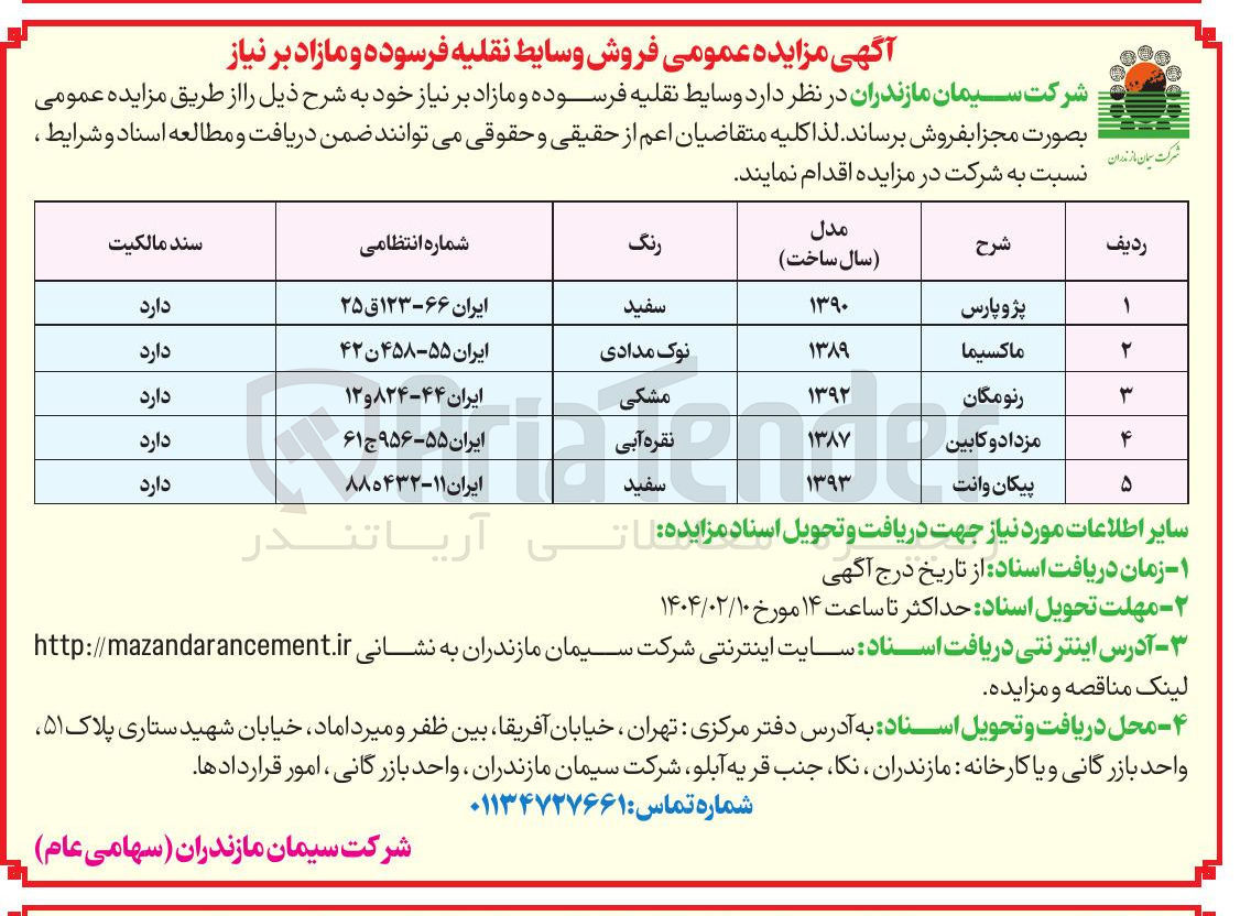 تصویر کوچک آگهی فروش وسایط نقلیه فرسوده و مازاد در 5 ردیف ( پژو پارس - ماکسیما - رنو مگان و...)