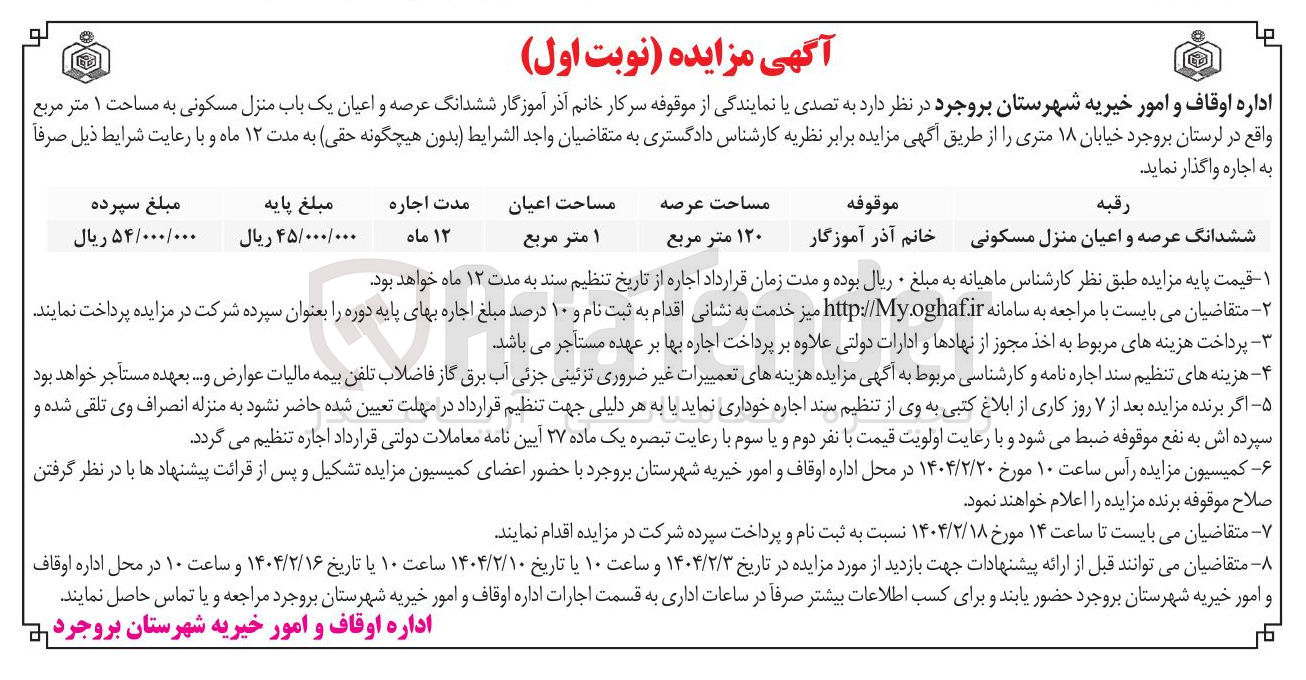 تصویر کوچک آگهی اجاره ششدانگ عرصه و اعیان یک باب منزل مسکونی عرصه به مساحت 120 مترمربع