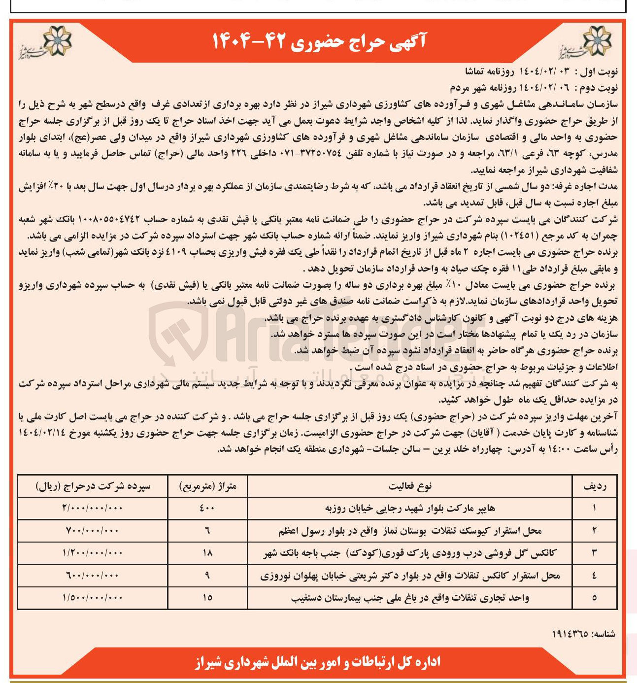 تصویر کوچک آگهی بهره برداری از تعدادی غرف واقع در سطح شهر