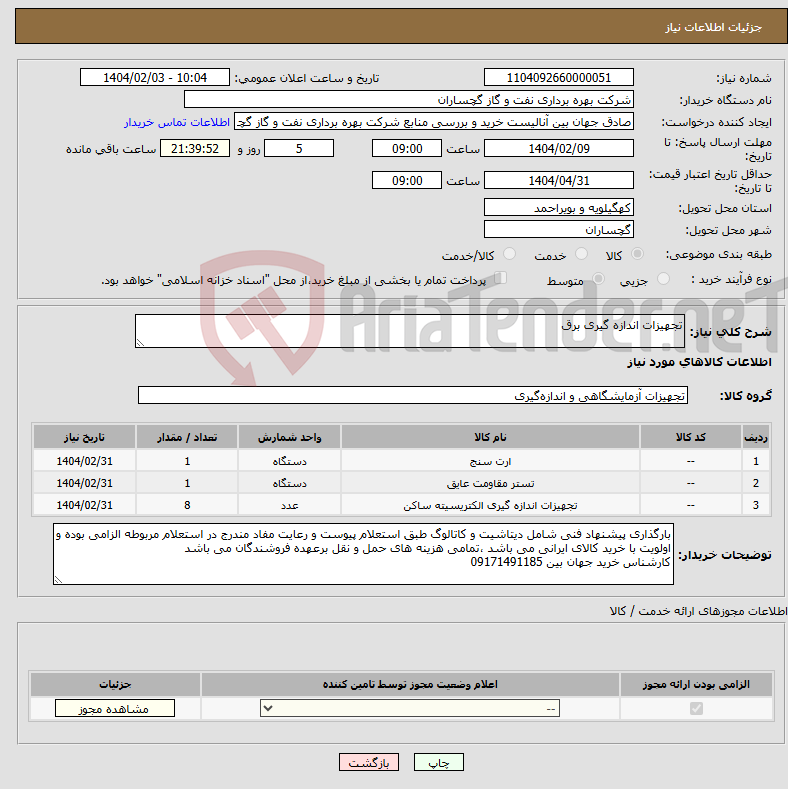 تصویر کوچک آگهی نیاز انتخاب تامین کننده-تجهیزات اندازه گیری برق