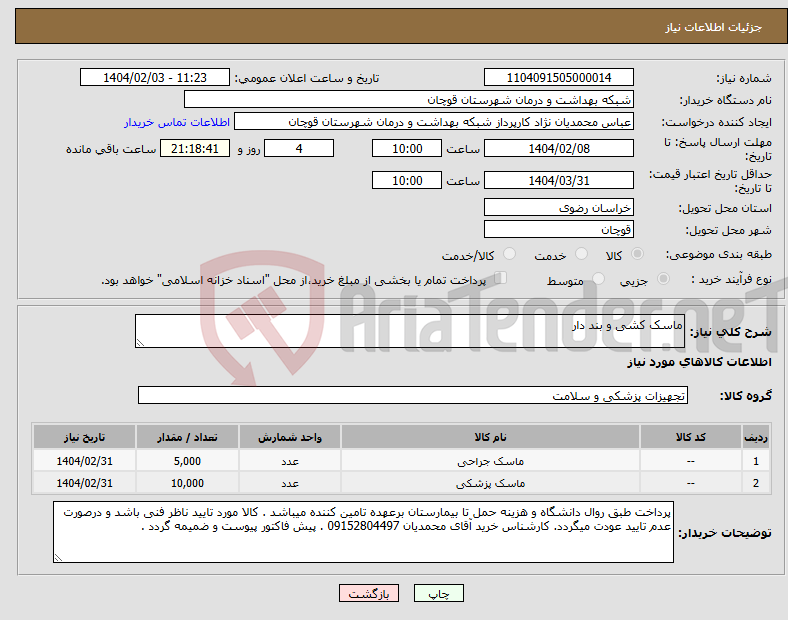 تصویر کوچک آگهی نیاز انتخاب تامین کننده-ماسک کشی و بند دار 