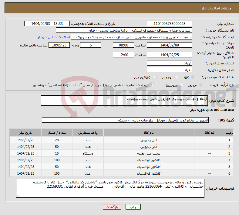 تصویر کوچک آگهی نیاز انتخاب تامین کننده-ارتقاء و بهسازی بیسیم خودرویی طبق لیست پیوست