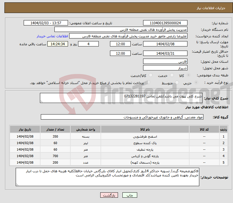 تصویر کوچک آگهی نیاز انتخاب تامین کننده-شرح کلی پیوت می باشد/تلفن تماس 07132281197