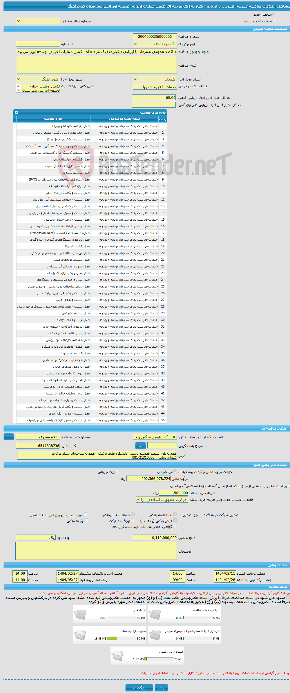تصویر کوچک آگهی مناقصه عمومی همزمان با ارزیابی (یکپارچه) یک مرحله ای تکمیل عملیات اجرایی توسعه اورژانس بیمارستان کبودرآهنگ