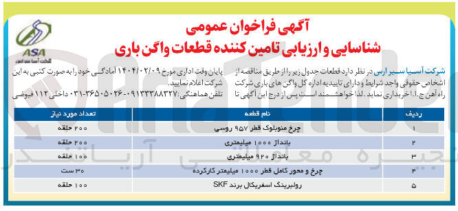 تصویر کوچک آگهی شناسایی و ارزیابی تامین کننده قطعات واگن باری :
چرخ منوبلوک قطر ۹۵۷ روسی 
بانداژ ۱۰۰۰ میلیمتری  
بانداژ ۹۲۰ میلیمتری 
چرخ و محور کامل قطر ۱۰۰۰ میلیمتر کار کرده 
رولبرینگ اسفریکال برند SKF 