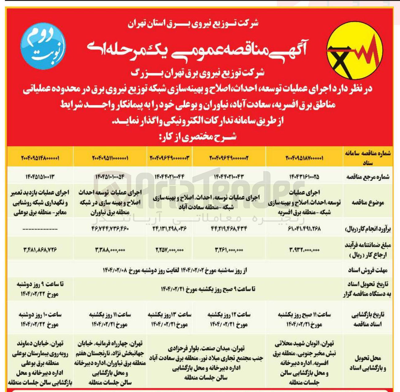 تصویر کوچک آگهی اجرای عملیات توسعه احداث اصلاح و بهینه سازی در شبکه منطقه برق نیاوران 
