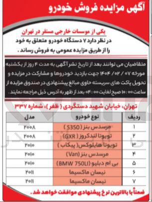 تصویر کوچک آگهی فروش ۷ دستگاه خودرو (مرسدس بنز - تویوتا لندکروز - تویوتا هایلوکس - بی ام دبلیو - نیسان ماکسیما )