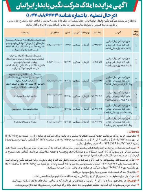 تصویر کوچک آگهی  مزایده املاک 