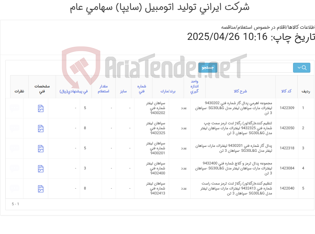 تصویر کوچک آگهی لوازم پدال گاز و ترمز لیفتراک سپاهان 3 تن