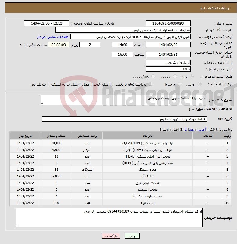 تصویر کوچک آگهی نیاز انتخاب تامین کننده-خرید لوله اتصالات طبق لیست پیوستی 