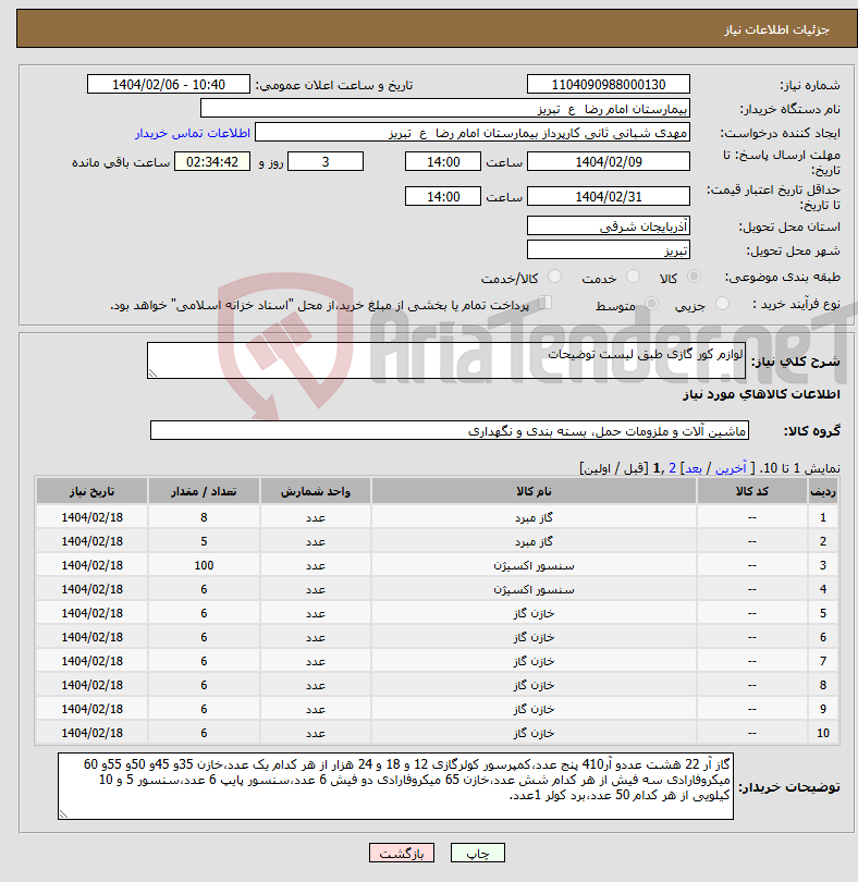 تصویر کوچک آگهی نیاز انتخاب تامین کننده-لوازم کور گازی طبق لیست توضیحات 