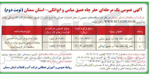 تصویر کوچک آگهی حفر یک حلقه چاه آب عمیق