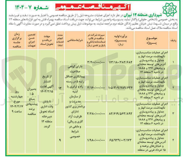 تصویر کوچک آگهی اجرای عملیات مناسب سازی نگهداشت مرمت انهار و 
جداول و پیاده روسازی آدرس های توسعه محله ای 