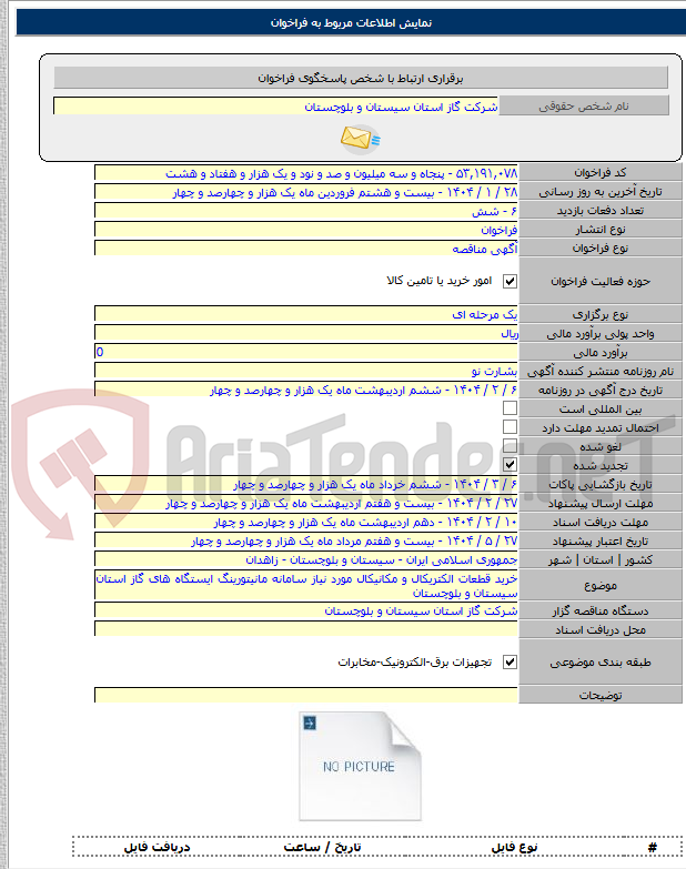 تصویر کوچک آگهی خرید قطعات الکتریکال و مکانیکال مورد نیاز سامانه مانیتورینگ ایستگاه های گاز استان سیستان و بلوچستان