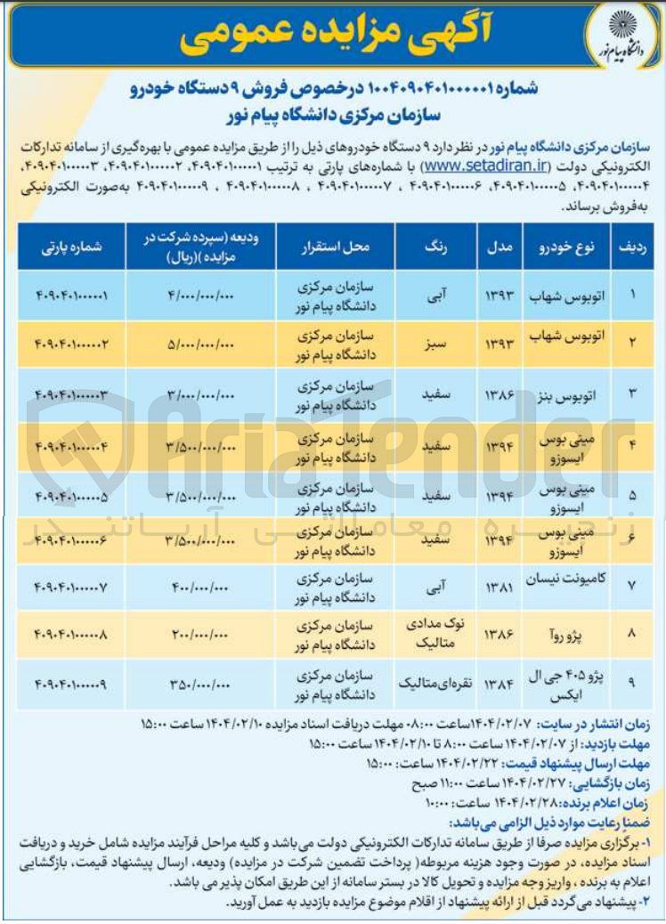تصویر کوچک آگهی فروش 9 دستگاه خودرو (اتوبوس شهاب - اتوبوس بنز - مینی بوس ایسوزو - کامیونت نیسان - پژو روآ - پژو 405 جی ال ایکس)