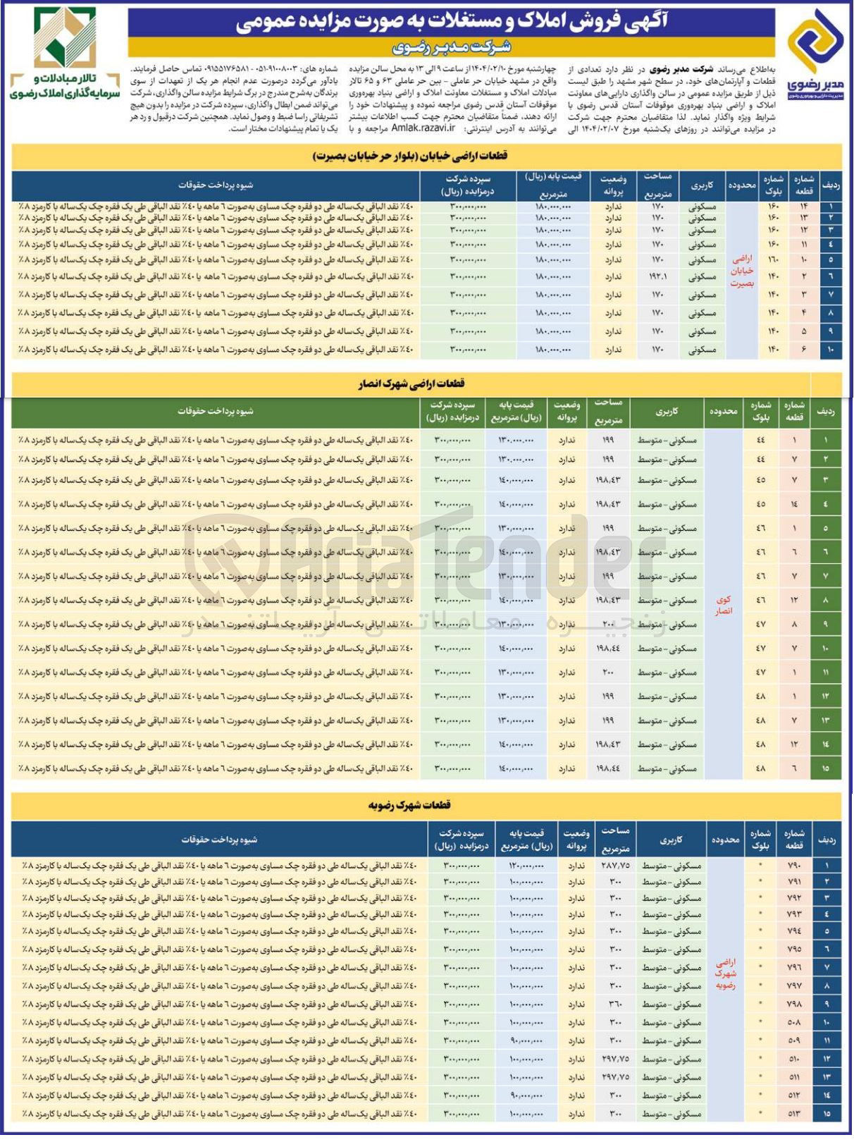 تصویر کوچک آگهی  فروش املاک و مستغلات به صورت مزایده عمومی 