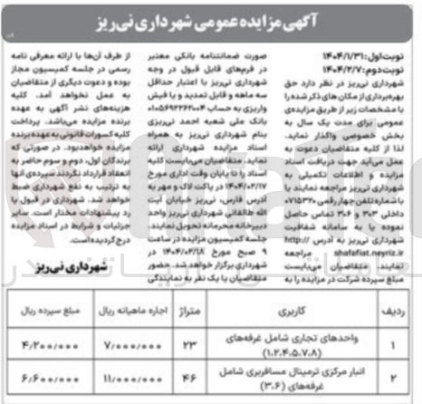 تصویر کوچک آگهی فروش و بهره برداری از مکان های ذیل  در دو ردیف با کاربری تجاری 