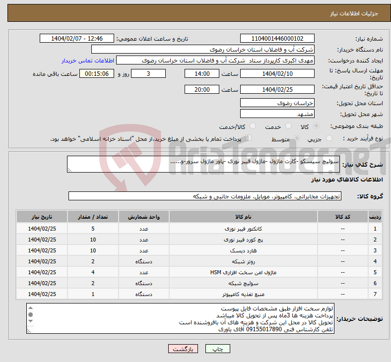 تصویر کوچک آگهی نیاز انتخاب تامین کننده-سوئیچ سیسکو -کارت ماژول -ماژول فیبر نوری -پاور ماژول سرور-و......