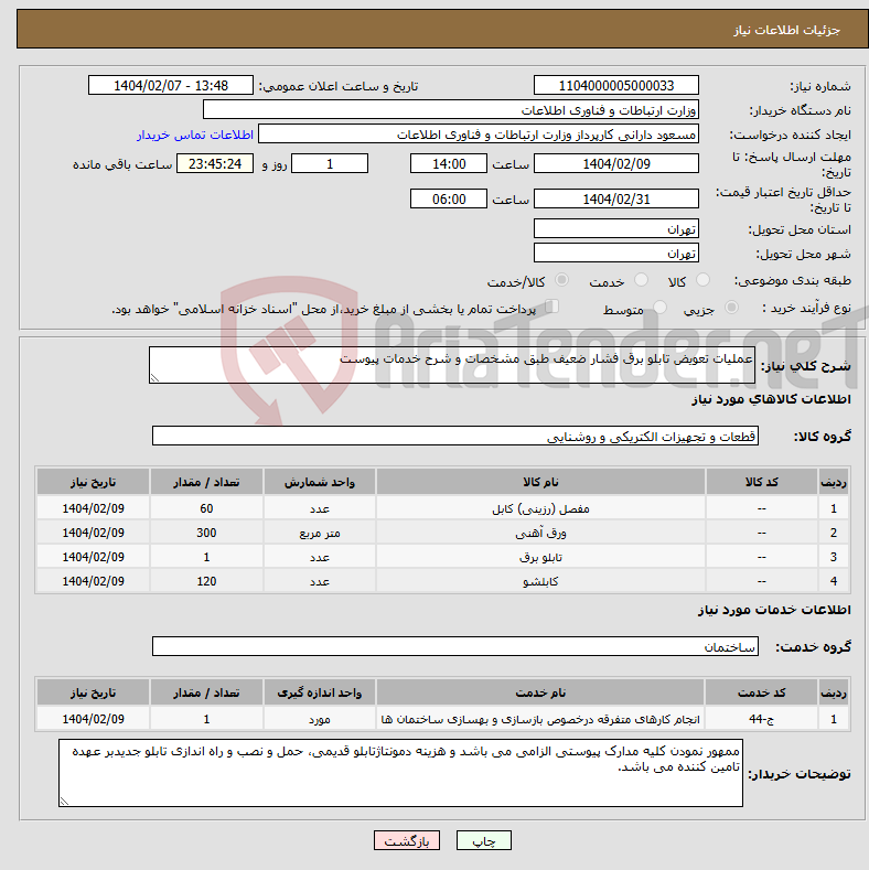 تصویر کوچک آگهی نیاز انتخاب تامین کننده-عملیات تعویض تابلو برق فشار ضعیف طبق مشخصات و شرح خدمات پیوست