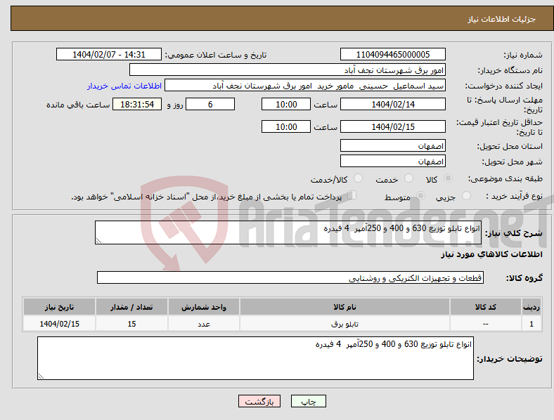 تصویر کوچک آگهی نیاز انتخاب تامین کننده-انواع تابلو توزیع 630 و 400 و 250آمپر 4 فیدره