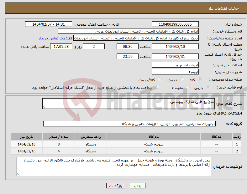 تصویر کوچک آگهی نیاز انتخاب تامین کننده-سوئیچ طبق مدارک پیوستی