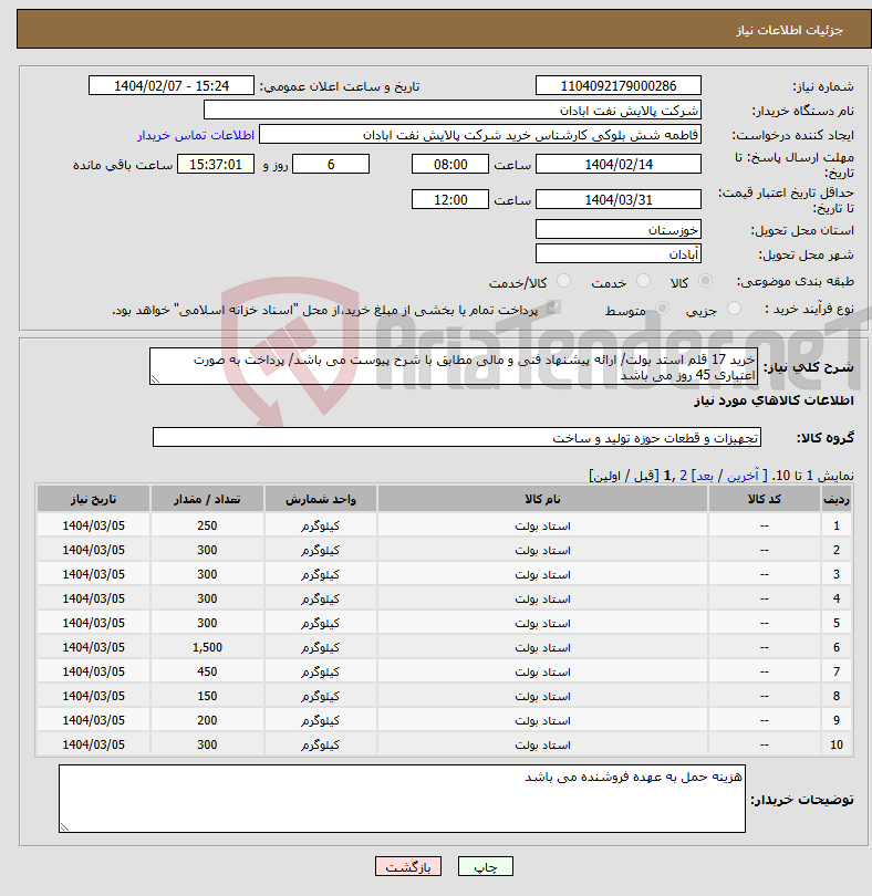 تصویر کوچک آگهی نیاز انتخاب تامین کننده-خرید 17 قلم استد بولت/ ارائه پیشنهاد فنی و مالی مطابق با شرح پیوست می باشد/ پرداخت به صورت اعتباری 45 روز می باشد