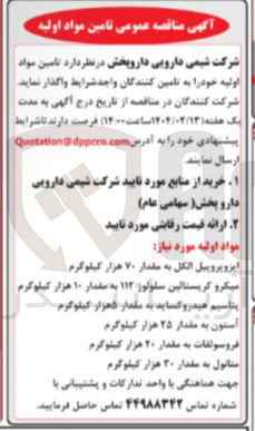 تصویر کوچک آگهی پتاسیم هیدروکساید به مقدار ۵ هزار کیلوگرم 
