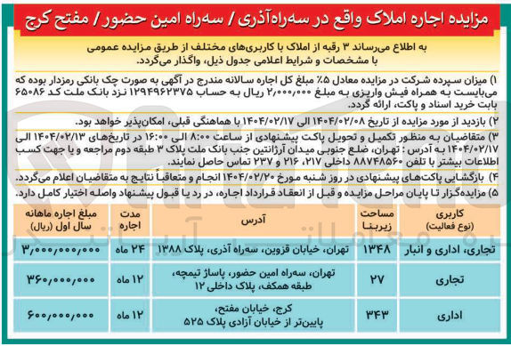 تصویر کوچک آگهی اجاره املاک در 3 ردیف با کاربری تجاری، اداری، انبار