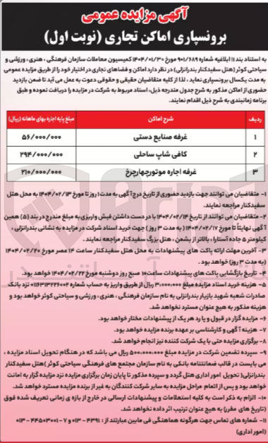 تصویر کوچک آگهی برونسپاری اماکن و فضاهای تجاری (غرفه صنایع دستی - کافی شاپ ساحلی - غرفه اجاره موتور چهارچرخ)