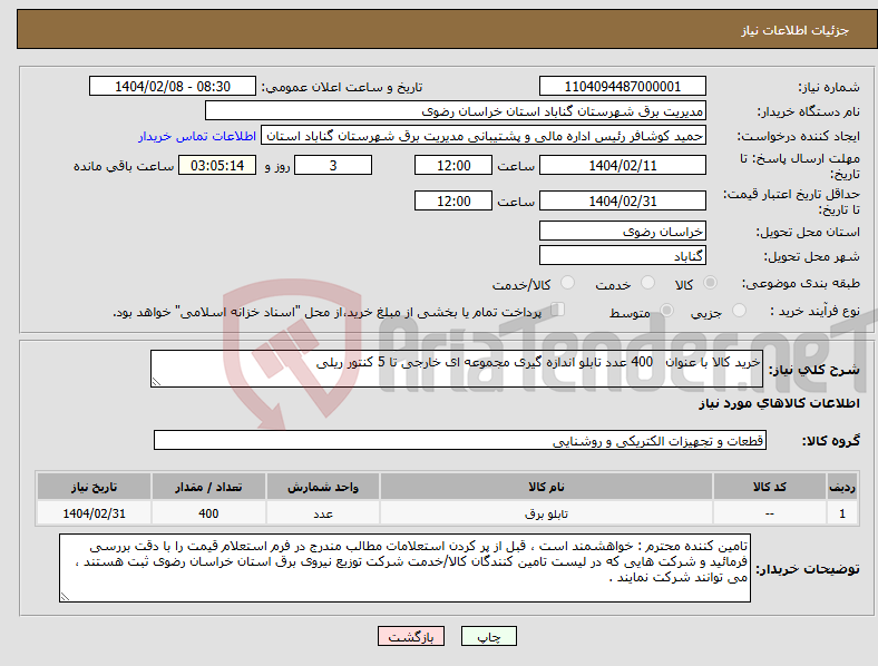 تصویر کوچک آگهی نیاز انتخاب تامین کننده-خرید کالا با عنوان 400 عدد تابلو اندازه گیری مجموعه ای خارجی تا 5 کنتور ریلی