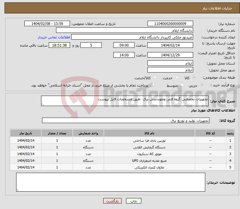 تصویر کوچک آگهی نیاز انتخاب تامین کننده-تجهیزات تخصصی گروه فنی ومهندسی برق طبق مشخصات فایل پیوست 