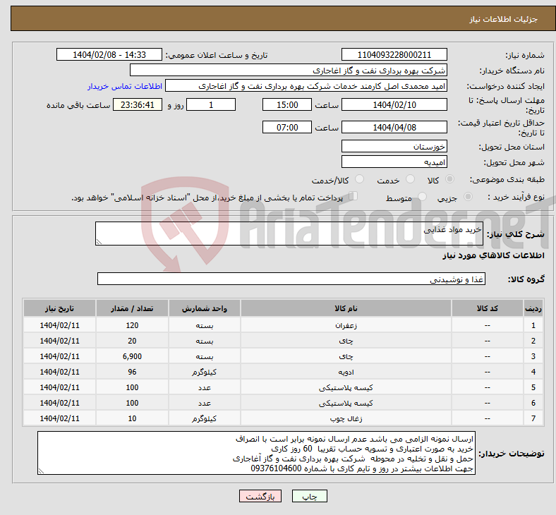 تصویر کوچک آگهی نیاز انتخاب تامین کننده-خرید مواد غذایی