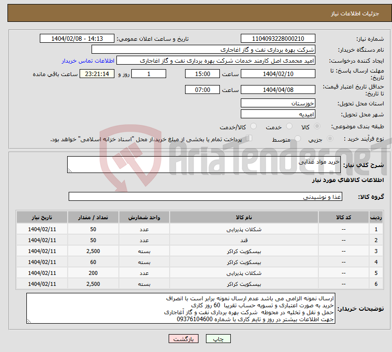 تصویر کوچک آگهی نیاز انتخاب تامین کننده-خرید مواد غذایی
